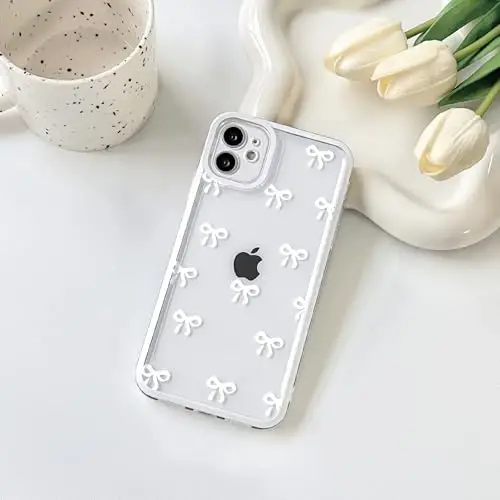 NITITOP Compatible with iPhone 12 Case Cute Clear Durable Ribbon Bowknot Pattern for Girls Women Soft TPU Transparent Full Camera Lens Shockproof Protective Phone Cover - White - NITITOP (1)