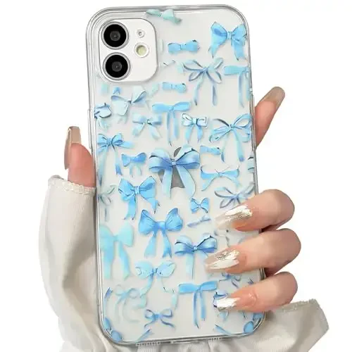 NITITOP Compatible with iPhone 12 Mini Case Cute Clear Bowknot Design for Women Girls Blue Bow Ribbon Soft Fit Slim Stylish Protective Phone Cover - Blue - NITITOP