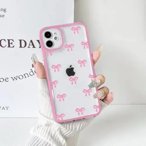 NITITOP Compatible with iPhone 12 Mini Case Cute Clear Durable Ribbon Bowknot Pattern for Girls Women Soft TPU Transparent Full Camera Lens Shockproof Protective Phone Cover - Rose Red - 6