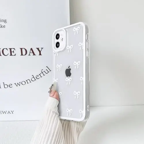 NITITOP Compatible with iPhone 12 Mini Case Cute Clear Durable Ribbon Bowknot Pattern for Girls Women Soft TPU Transparent Full Camera Lens Shockproof Protective Phone Cover - White - 5