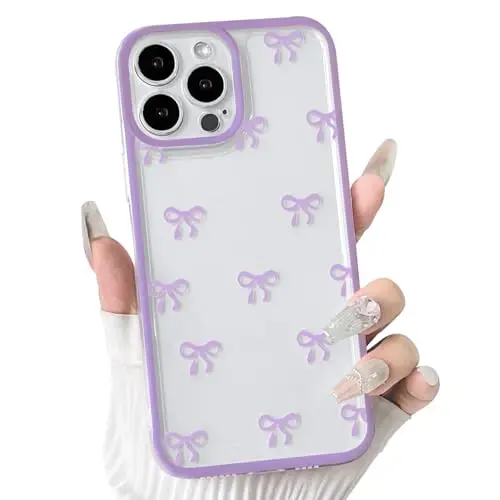 NITITOP Compatible with iPhone 12 Pro Case Cute Clear Durable Ribbon Bowknot Pattern for Girls Women Soft TPU Transparent Full Camera Lens Shockproof Protective Phone Cover - Purple 