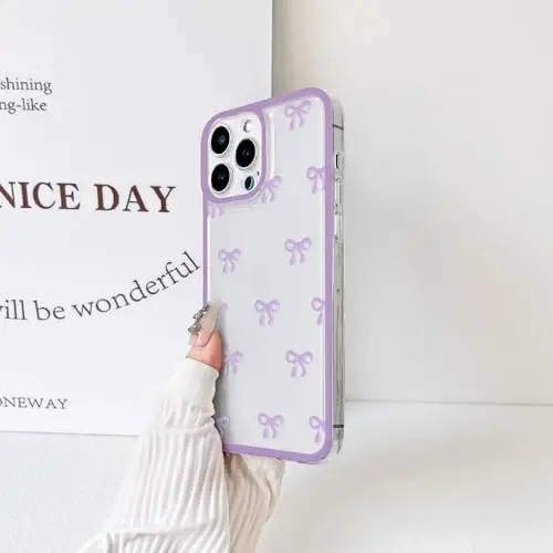 NITITOP Compatible with iPhone 12 Pro Case Cute Clear Durable Ribbon Bowknot Pattern for Girls Women Soft TPU Transparent Full Camera Lens Shockproof Protective Phone Cover - Purple - 5
