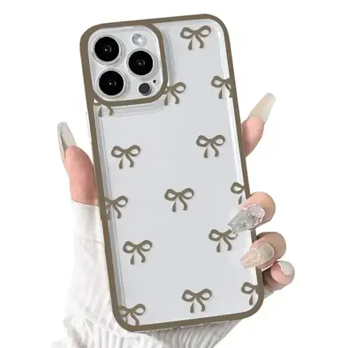 NITITOP Compatible with iPhone 12 Pro Max Case Cute Clear Durable Ribbon Bowknot Pattern for Girls Women Soft TPU Transparent Full Camera Lens Shockproof Protective Phone Cover - Brown - NITITOP