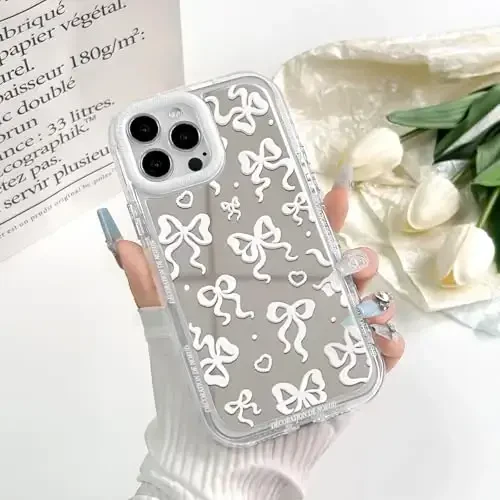 NITITOP Compatible with iPhone 12 Pro Max Case Cute Mirror Bow Love Heart Pattern for Women Girls Ribbon Design Shockproof Silver Protective Phone Cover - White Bow - 3