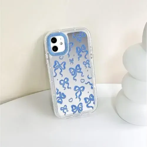NITITOP Compatible with iPhone 12/12 Pro Case Cute Mirror Bow Love Heart Pattern for Women Girls Ribbon Design Shockproof Silver Protective Phone Cover - Indigo Blue Bow - 7