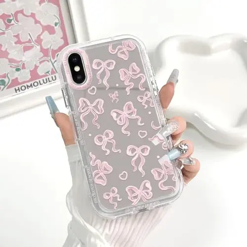 NITITOP Compatible with iPhone 12/12 Pro Case Cute Mirror Bow Love Heart Pattern for Women Girls Ribbon Design Shockproof Silver Protective Phone Cover - Light Pink Bow - 3