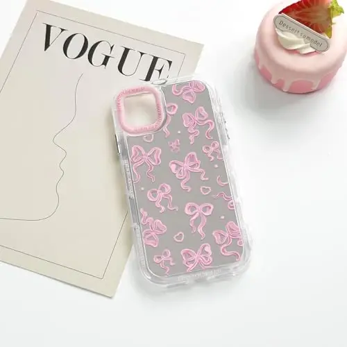 NITITOP Compatible with iPhone 12/12 Pro Case Cute Mirror Bow Love Heart Pattern for Women Girls Ribbon Design Shockproof Silver Protective Phone Cover - Pink Bow - 5