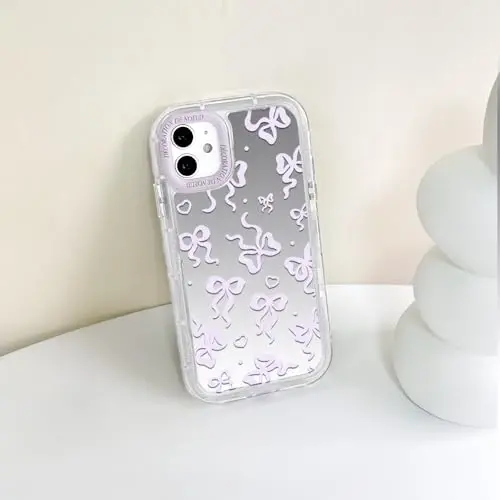 NITITOP Compatible with iPhone 12/12 Pro Case Cute Mirror Bow Love Heart Pattern for Women Girls Ribbon Design Shockproof Silver Protective Phone Cover - Pink Purple Bow - 7