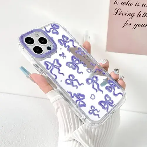 NITITOP Compatible with iPhone 12/12 Pro Case Cute Mirror Bow Love Heart Pattern for Women Girls Ribbon Design Shockproof Silver Protective Phone Cover - Purple Bow - 2
