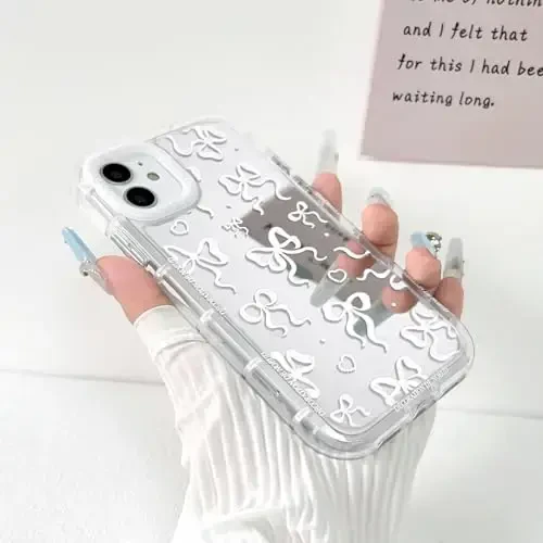 NITITOP Compatible with iPhone 12/12 Pro Case Cute Mirror Bow Love Heart Pattern for Women Girls Ribbon Design Shockproof Silver Protective Phone Cover - White Bow - 2