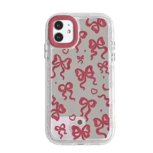 NITITOP Compatible with iPhone 12/12 Pro Case Cute Mirror Bow Love Heart Pattern for Women Girls Ribbon Design Shockproof Silver Protective Phone Cover - Wine Red Bow - NITITOP