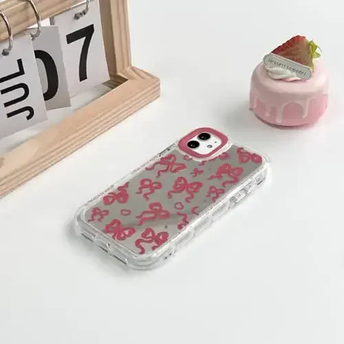 NITITOP Compatible with iPhone 12/12 Pro Case Cute Mirror Bow Love Heart Pattern for Women Girls Ribbon Design Shockproof Silver Protective Phone Cover - Wine Red Bow - 4