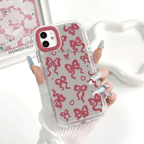 NITITOP Compatible with iPhone 12/12 Pro Case Cute Mirror Bow Love Heart Pattern for Women Girls Ribbon Design Shockproof Silver Protective Phone Cover - Wine Red Bow - 3
