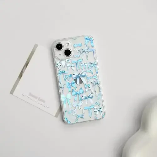 NITITOP Compatible with iPhone 13 Case Cute Clear Bowknot Design for Women Girls Blue Bow Ribbon Soft Fit Slim Stylish Protective Phone Cover - Blue - 2