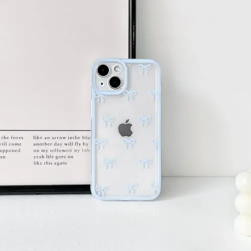 NITITOP Compatible with iPhone 13 Case Cute Clear Durable Ribbon Bowknot Pattern for Girls Women Soft TPU Transparent Full Camera Lens Shockproof Protective Phone Cover - Blue - 4