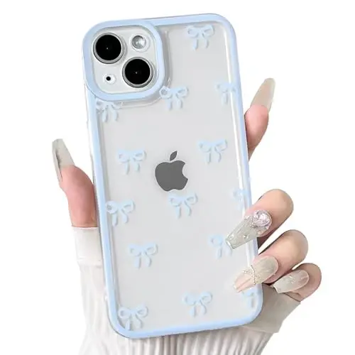 NITITOP Compatible with iPhone 13 Case Cute Clear Durable Ribbon Bowknot Pattern for Girls Women Soft TPU Transparent Full Camera Lens Shockproof Protective Phone Cover - Blue - 1