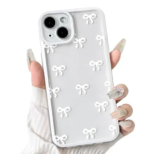 NITITOP Compatible with iPhone 13 Case Cute Clear Durable Ribbon Bowknot Pattern for Girls Women Soft TPU Transparent Full Camera Lens Shockproof Protective Phone Cover - White 