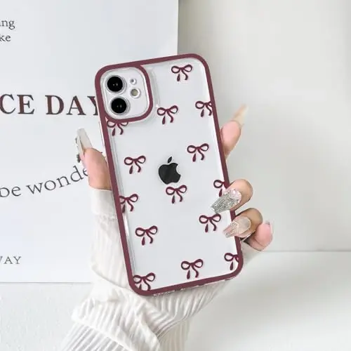 NITITOP Compatible with iPhone 13 Case Cute Clear Durable Ribbon Bowknot Pattern for Girls Women Soft TPU Transparent Full Camera Lens Shockproof Protective Phone Cover - Wine Red - 6
