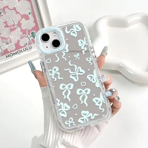 NITITOP Compatible with iPhone 13 Case Cute Mirror Bow Love Heart Pattern for Women Girls Ribbon Design Shockproof Silver Protective Phone Cover - Blue Bow - 3