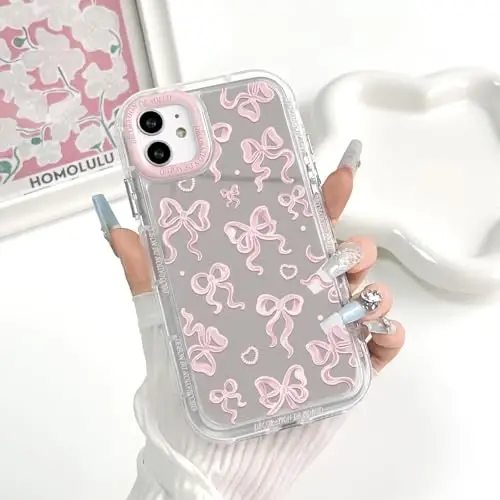 NITITOP Compatible with iPhone 13 Case Cute Mirror Bow Love Heart Pattern for Women Girls Ribbon Design Shockproof Silver Protective Phone Cover - Light Pink Bow - 3