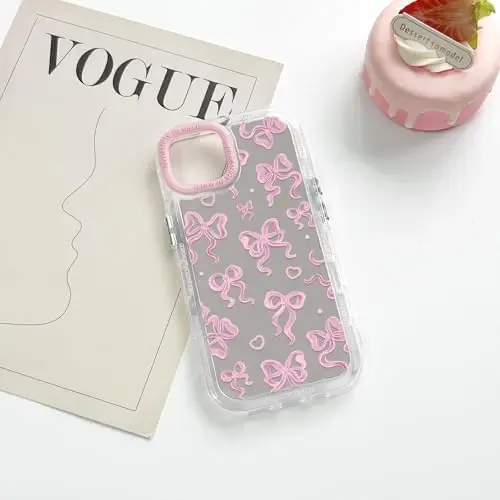 NITITOP Compatible with iPhone 13 Case Cute Mirror Bow Love Heart Pattern for Women Girls Ribbon Design Shockproof Silver Protective Phone Cover - Pink Bow - 5