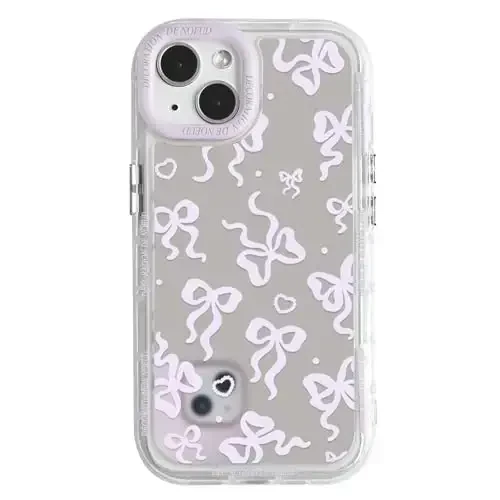 NITITOP Compatible with iPhone 13 Case Cute Mirror Bow Love Heart Pattern for Women Girls Ribbon Design Shockproof Silver Protective Phone Cover - Pink Purple Bow 