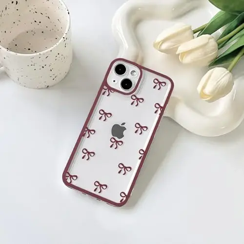 NITITOP Compatible with iPhone 13 Mini Case Cute Clear Durable Ribbon Bowknot Pattern for Girls Women Soft TPU Transparent Full Camera Lens Shockproof Protective Phone Cover - Wine Red - 2