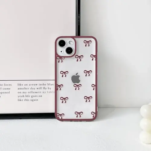 NITITOP Compatible with iPhone 13 Mini Case Cute Clear Durable Ribbon Bowknot Pattern for Girls Women Soft TPU Transparent Full Camera Lens Shockproof Protective Phone Cover - Wine Red - 4