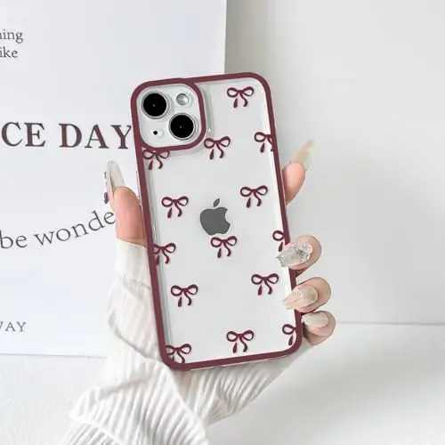NITITOP Compatible with iPhone 13 Mini Case Cute Clear Durable Ribbon Bowknot Pattern for Girls Women Soft TPU Transparent Full Camera Lens Shockproof Protective Phone Cover - Wine Red - 6