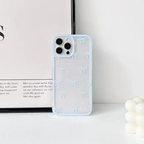 NITITOP Compatible with iPhone 13 Pro Case Cute Clear Durable Ribbon Bowknot Pattern for Girls Women Soft TPU Transparent Full Camera Lens Shockproof Protective Phone Cover - Blue - 4