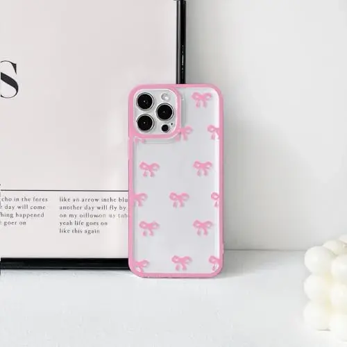 NITITOP Compatible with iPhone 13 Pro Case Cute Clear Durable Ribbon Bowknot Pattern for Girls Women Soft TPU Transparent Full Camera Lens Shockproof Protective Phone Cover - Rose Red - 4