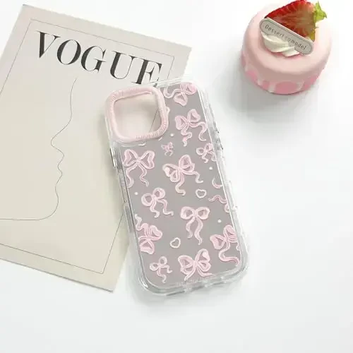 NITITOP Compatible with iPhone 13 Pro Case Cute Mirror Bow Love Heart Pattern for Women Girls Ribbon Design Shockproof Silver Protective Phone Cover - Light Pink Bow - 5