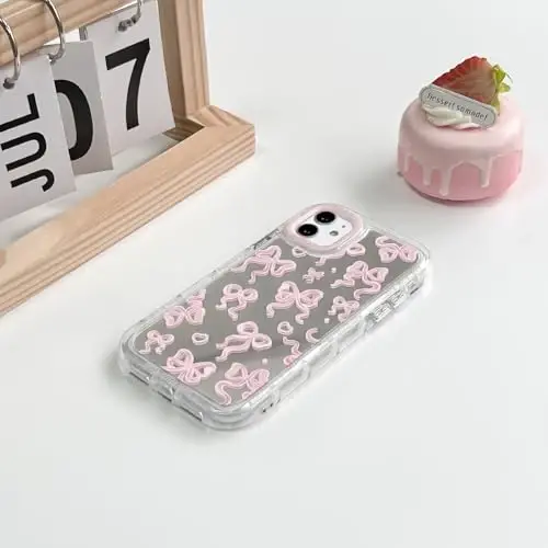 NITITOP Compatible with iPhone 13 Pro Case Cute Mirror Bow Love Heart Pattern for Women Girls Ribbon Design Shockproof Silver Protective Phone Cover - Light Pink Bow - 4