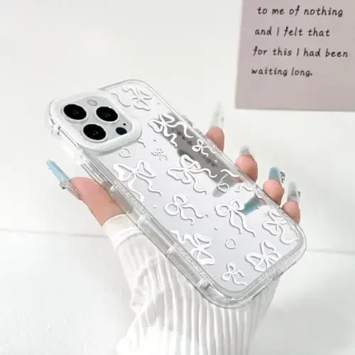 NITITOP Compatible with iPhone 13 Pro Case Cute Mirror Bow Love Heart Pattern for Women Girls Ribbon Design Shockproof Silver Protective Phone Cover - White Bow - NITITOP (1)