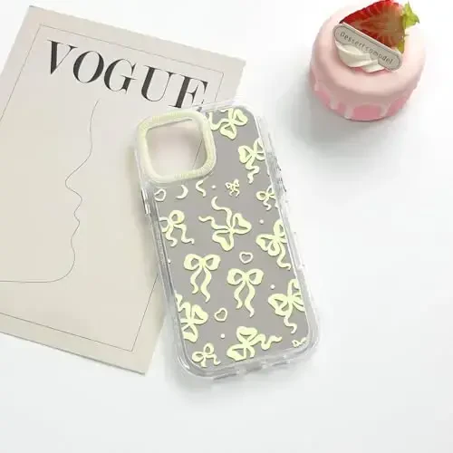 NITITOP Compatible with iPhone 13 Pro Case Cute Mirror Bow Love Heart Pattern for Women Girls Ribbon Design Shockproof Silver Protective Phone Cover - Yellow Bow - 5