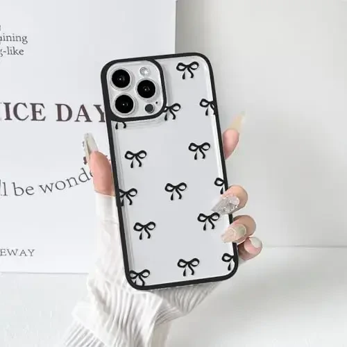 NITITOP Compatible with iPhone 13 Pro Max Case Cute Clear Durable Ribbon Bowknot Pattern for Girls Women Soft TPU Transparent Full Camera Lens Shockproof Protective Phone Cover - Black - 5