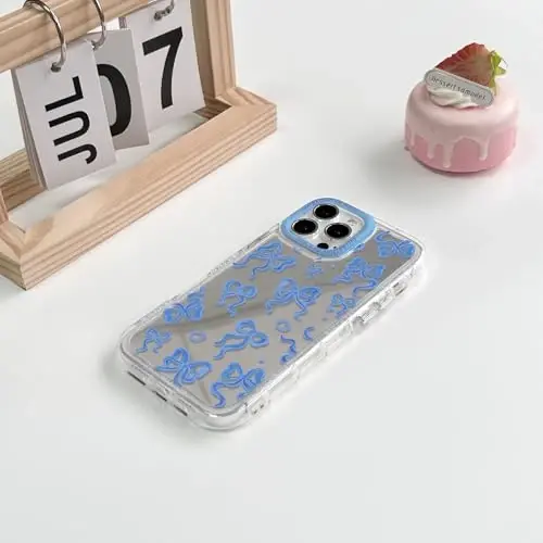 NITITOP Compatible with iPhone 13 Pro Max Case Cute Mirror Bow Love Heart Pattern for Women Girls Ribbon Design Shockproof Silver Protective Phone Cover - Indigo Blue Bow - 4