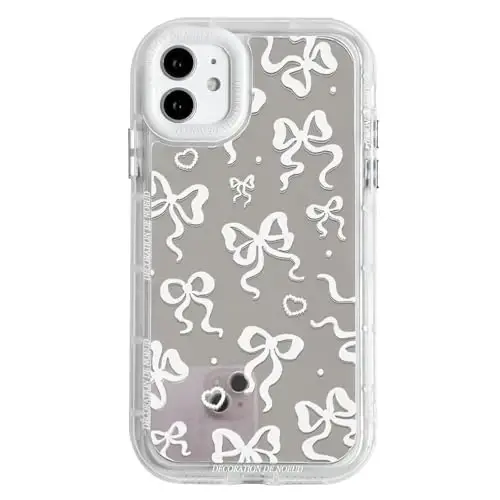 NITITOP Compatible with iPhone 13 Pro Max Case Cute Mirror Bow Love Heart Pattern for Women Girls Ribbon Design Shockproof Silver Protective Phone Cover - White Bow - NITITOP