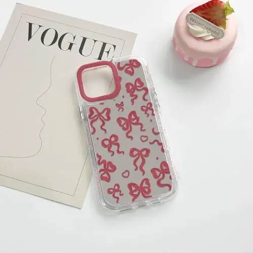 NITITOP Compatible with iPhone 13 Pro Max Case Cute Mirror Bow Love Heart Pattern for Women Girls Ribbon Design Shockproof Silver Protective Phone Cover - Wine Red Bow - 6