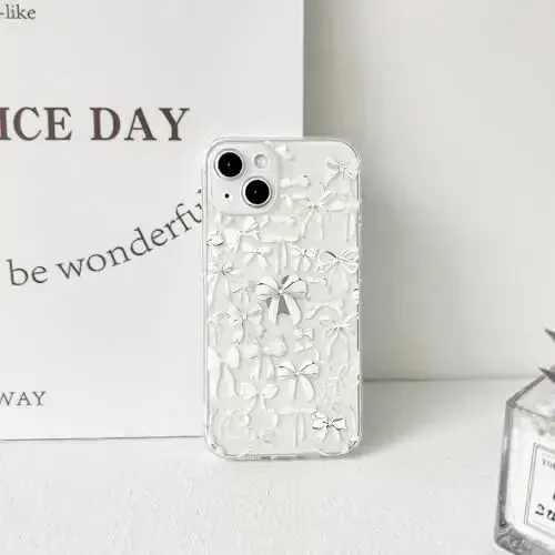 NITITOP Compatible with iPhone 14 Case Cute Clear Bowknot Design for Women Girls White Bow Ribbon Soft Fit Slim Stylish Protective Phone Cover - White - 6