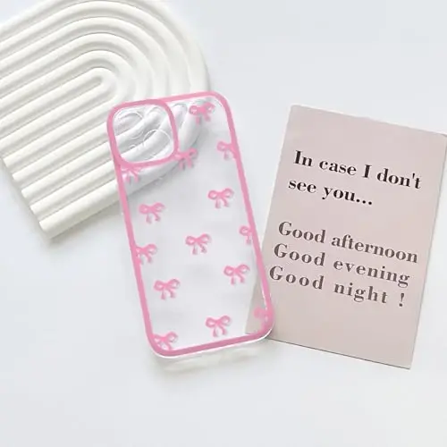 NITITOP Compatible with iPhone 14 Case Cute Clear Durable Ribbon Bowknot Pattern for Girls Women Soft TPU Transparent Full Camera Lens Shockproof Protective Phone Cover - Rose Red - 3
