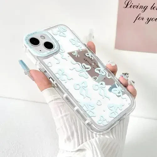 NITITOP Compatible with iPhone 14 Case Cute Mirror Bow Love Heart Pattern for Women Girls Ribbon Design Shockproof Silver Protective Phone Cover - Blue Bow - NITITOP (1)