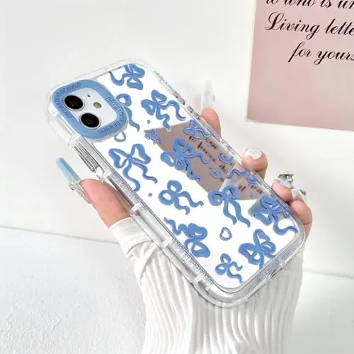 NITITOP Compatible with iPhone 14 Case Cute Mirror Bow Love Heart Pattern for Women Girls Ribbon Design Shockproof Silver Protective Phone Cover - Indigo Blue Bow - 2