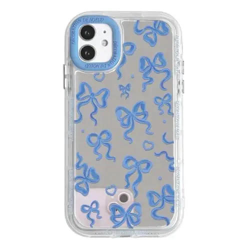 NITITOP Compatible with iPhone 14 Case Cute Mirror Bow Love Heart Pattern for Women Girls Ribbon Design Shockproof Silver Protective Phone Cover - Indigo Blue Bow 