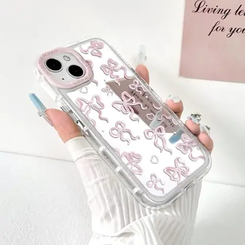 NITITOP Compatible with iPhone 14 Case Cute Mirror Bow Love Heart Pattern for Women Girls Ribbon Design Shockproof Silver Protective Phone Cover - Light Pink Bow - 2