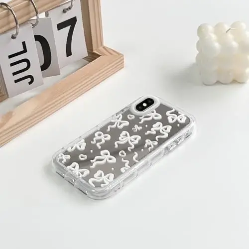 NITITOP Compatible with iPhone 14 Case Cute Mirror Bow Love Heart Pattern for Women Girls Ribbon Design Shockproof Silver Protective Phone Cover - White Bow - 4