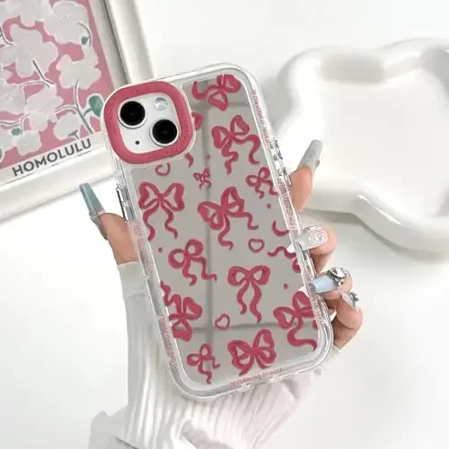 NITITOP Compatible with iPhone 14 Case Cute Mirror Bow Love Heart Pattern for Women Girls Ribbon Design Shockproof Silver Protective Phone Cover - Wine Red Bow - 3