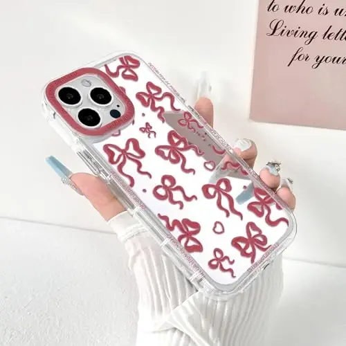 NITITOP Compatible with iPhone 14 Case Cute Mirror Bow Love Heart Pattern for Women Girls Ribbon Design Shockproof Silver Protective Phone Cover - Wine Red Bow - 2