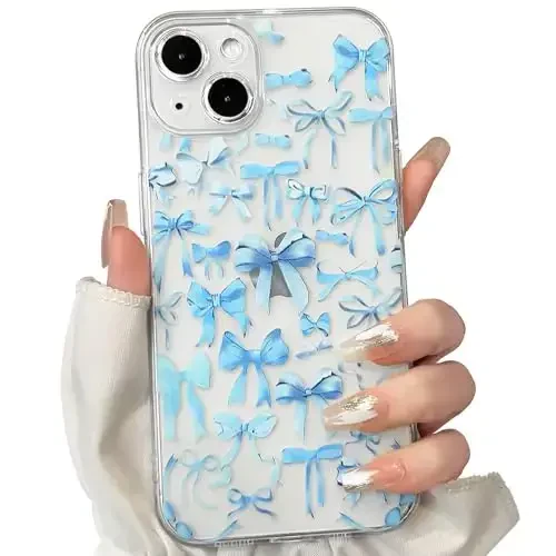 NITITOP Compatible with iPhone 14 Plus Case Cute Clear Bowknot Design for Women Girls Blue Bow Ribbon Soft Fit Slim Stylish Protective Phone Cover - Blue - NITITOP