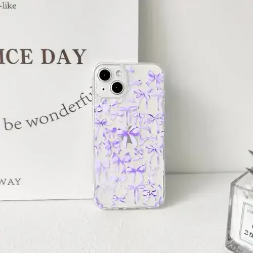 NITITOP Compatible with iPhone 14 Plus Case Cute Clear Bowknot Design for Women Girls Purple Bow Ribbon Soft Fit Slim Stylish Protective Phone Cover - Purple - 5